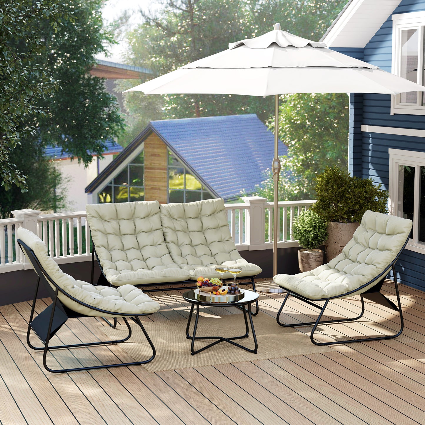 Outsunny 4 Seater Garden Furniture Set with Sofa, Chairs, Glass Table, Thick Cushions, Steel for Balcony or Poolside, Light Grey