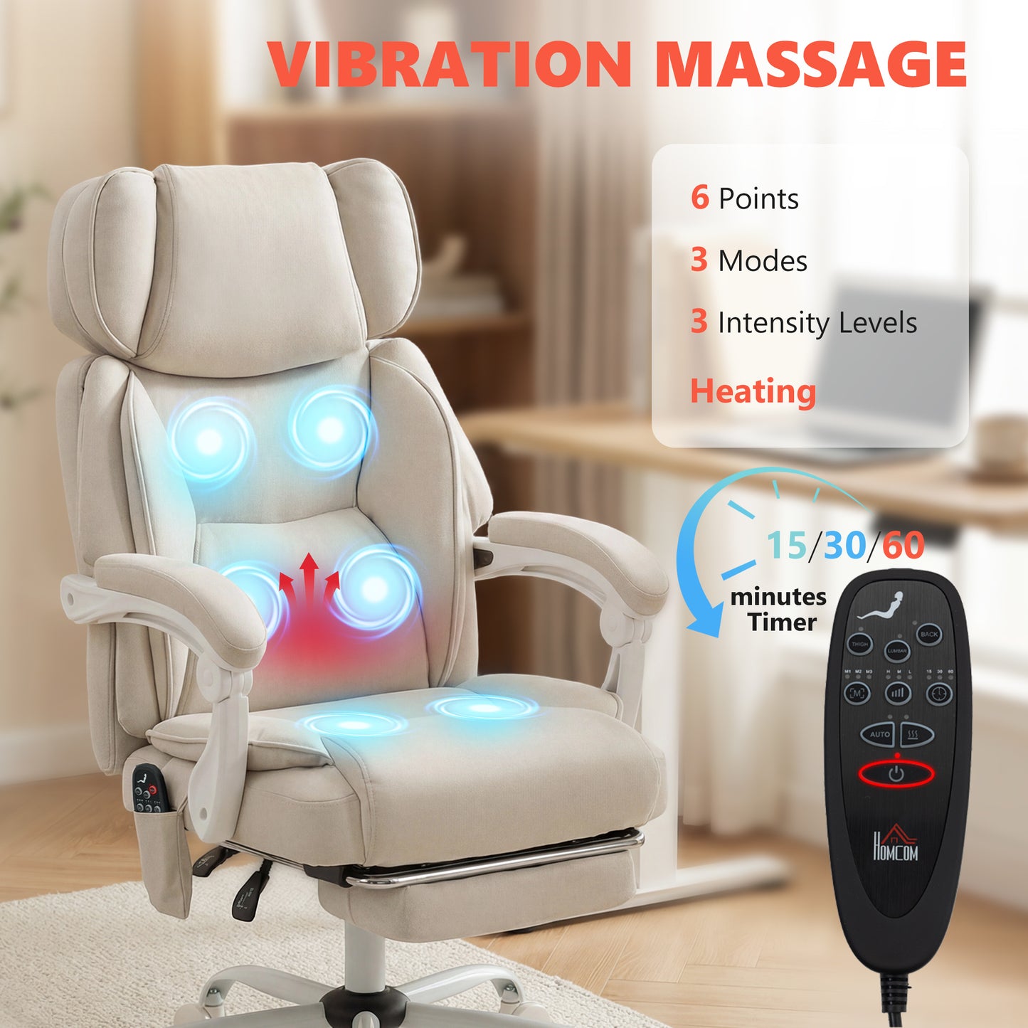 HOMCOM Office Chair with Massage, Heat, Adjustable Headrest, Leathaire‌ Reclining Desk Chair with Footrest, Cream White