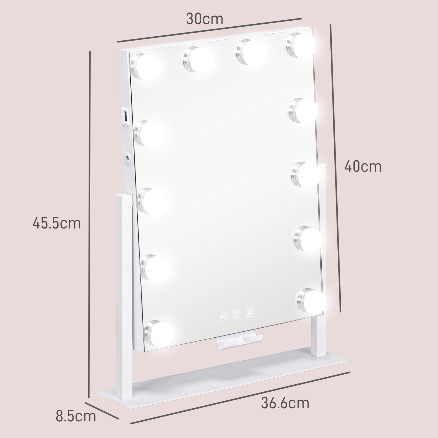 HOMCOM 37x46cm Hollywood Vanity Mirror, 12 LED Bulbs, 3 Colours, USB Port, Touch Screen