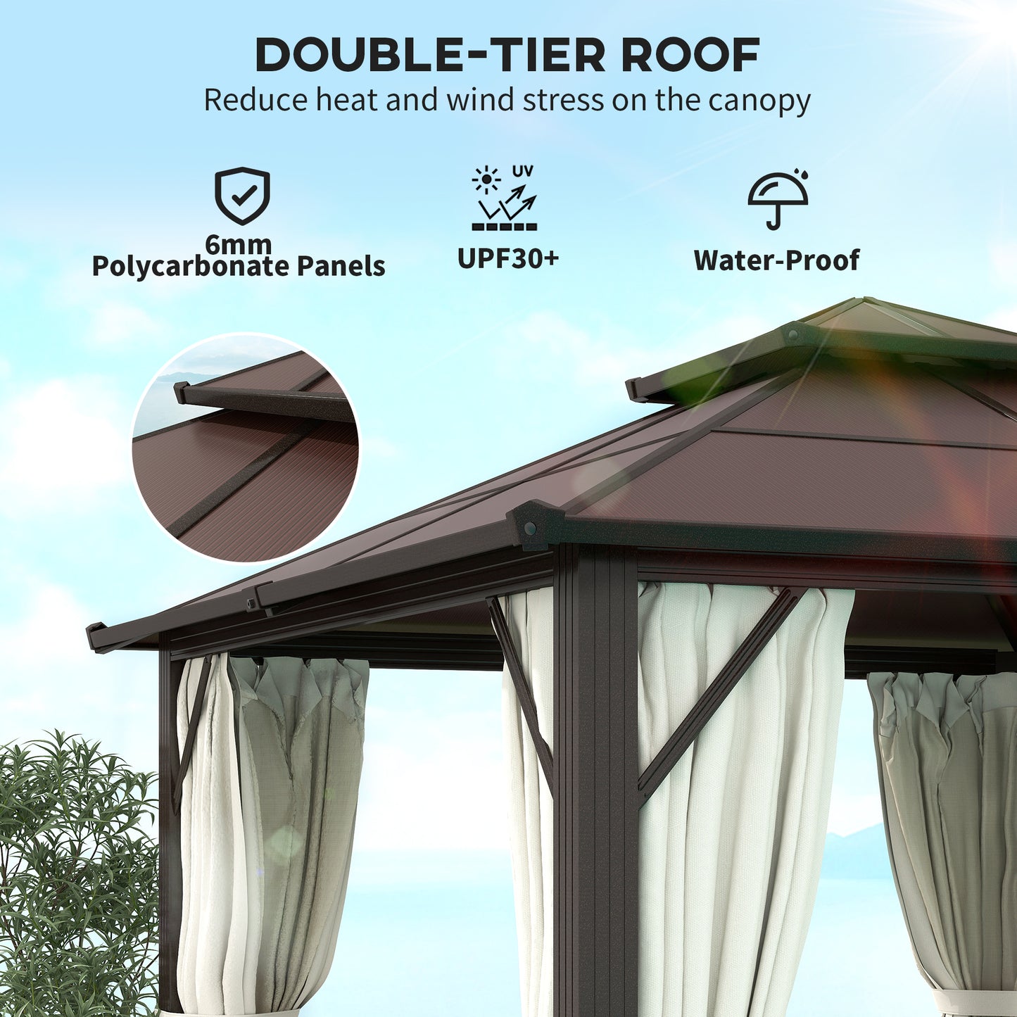 Outsunny Hardtop Gazebo, 3x3m, UPF30+ Polycarbonate Roof, Aluminum Frame, Mosquito Netting & Curtains for Patio/Deck, Beige