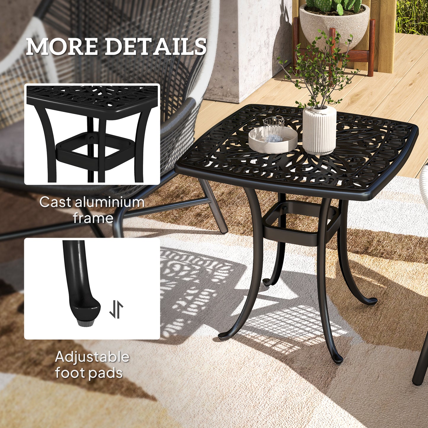 Outsunny Cast Aluminium Garden Table, 38mm Umbrella Hole, Anti-slip Feet, 54 x 54cm, Black