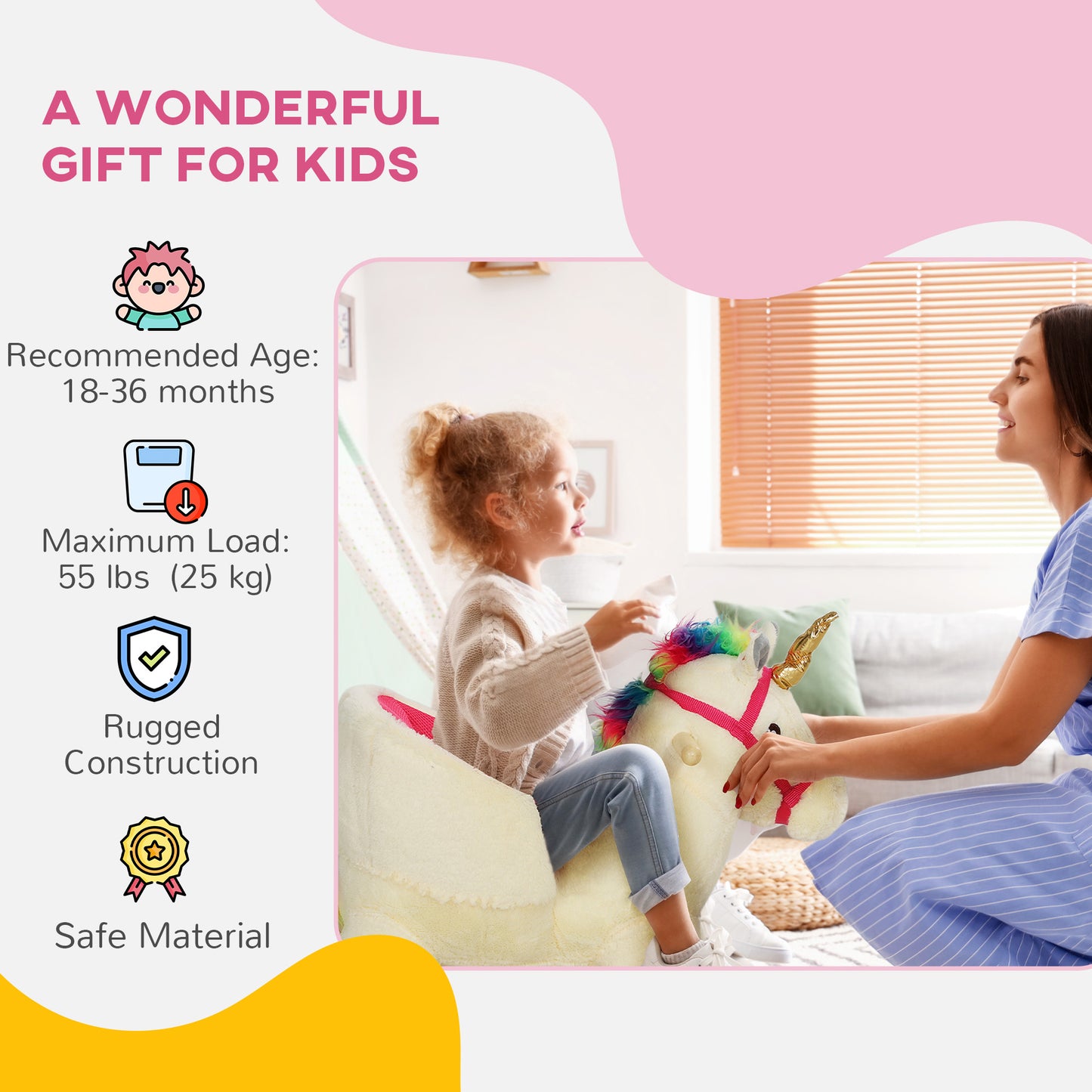 AIYAPLAY Kids Rocking Horse with Realistic Sound, Safety Belt, Wooden Base, for Toddlers 18-36 Months