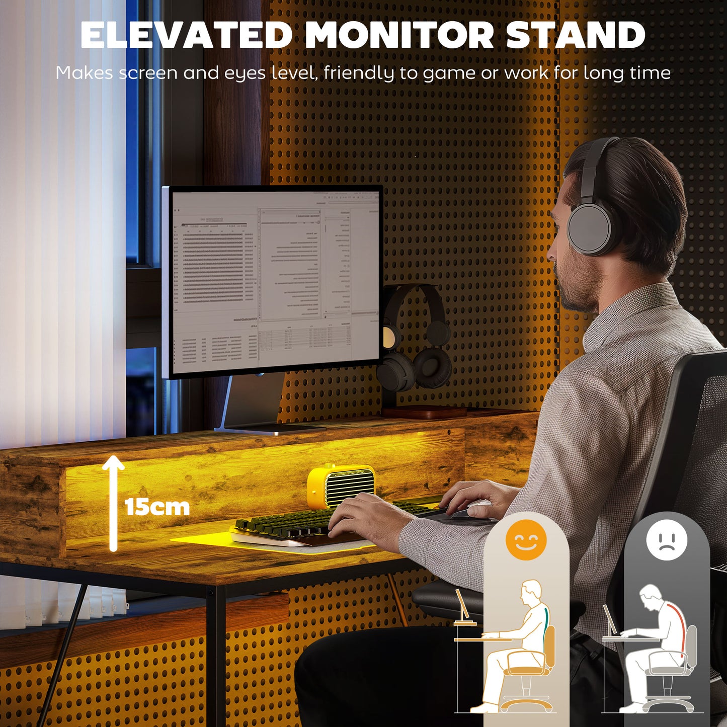 HOMCOM Computer Desk with LED, Power Outlets, Monitor Stand, Remote; for Home Office, Study; 120cm, Rustic Brown