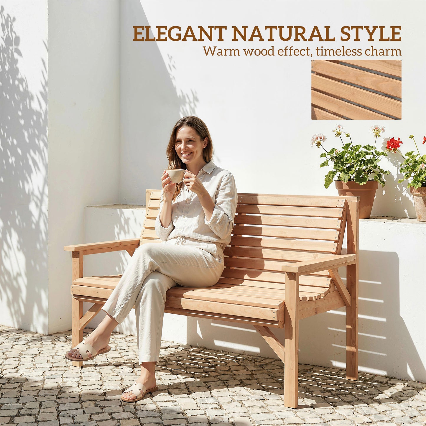 Outsunny 2 Seater Wooden Garden Bench, Slatted Patio Bench with Armrest and Backrest, Outdoor Furniture for Indoor