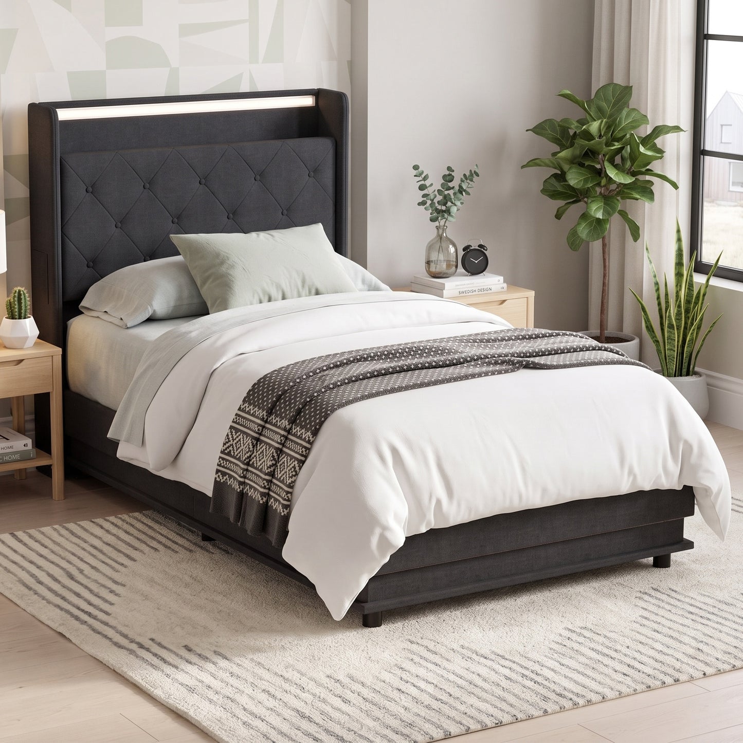 HOMCOM 3ft Single Bed Frame with Headboard, Platform Bed Frame with Hydraulic Storage, LED Lights and Charging Station, Black