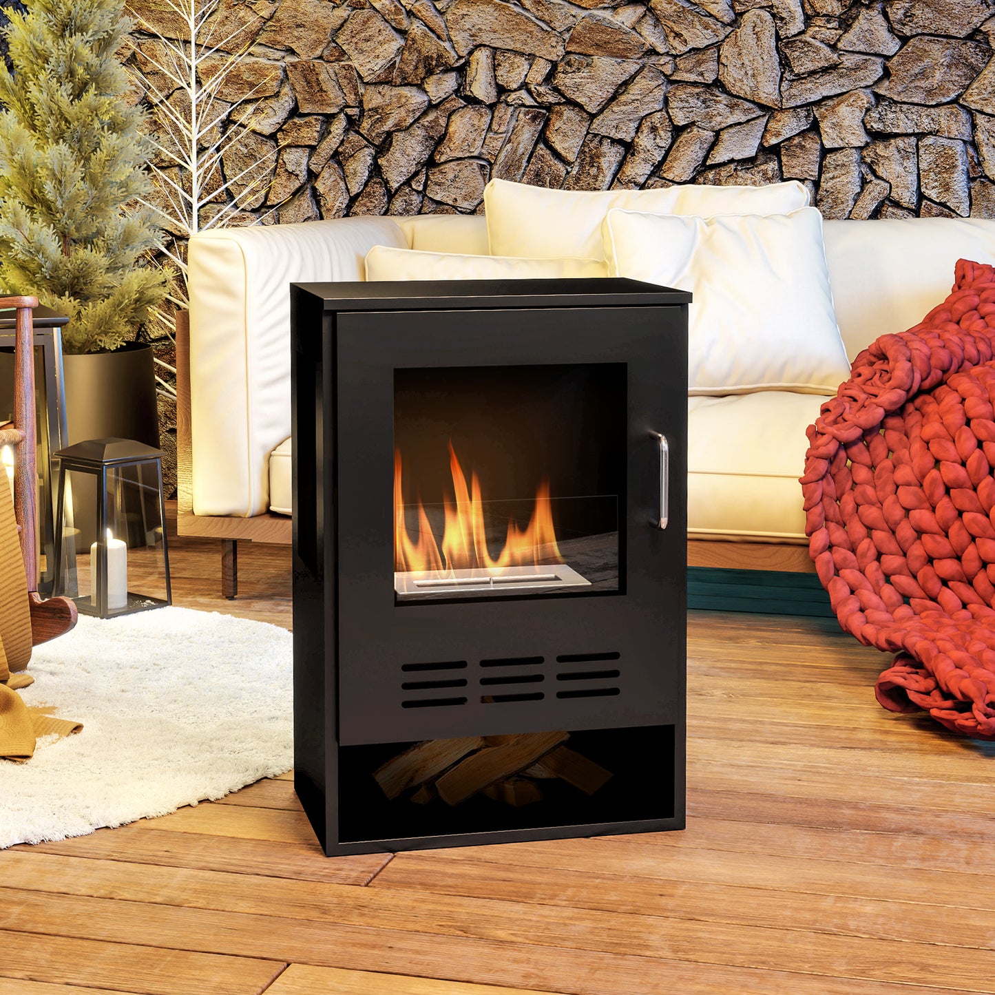 HOMCOM Ethanol Fireplace Stove, Bioethanol Burner, 0.9L Volume, 3.3 Hours Burn, Black