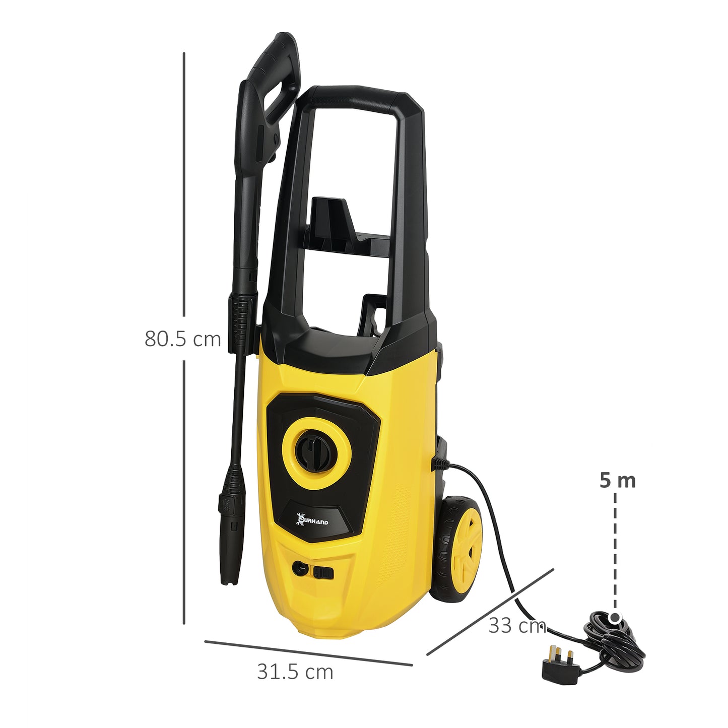 DURHAND 1800W High Pressure Washer, 150 Bar, 510 L/h Flow, Portable Jet Wash with 6m Hose, Snow Foam, Yellow