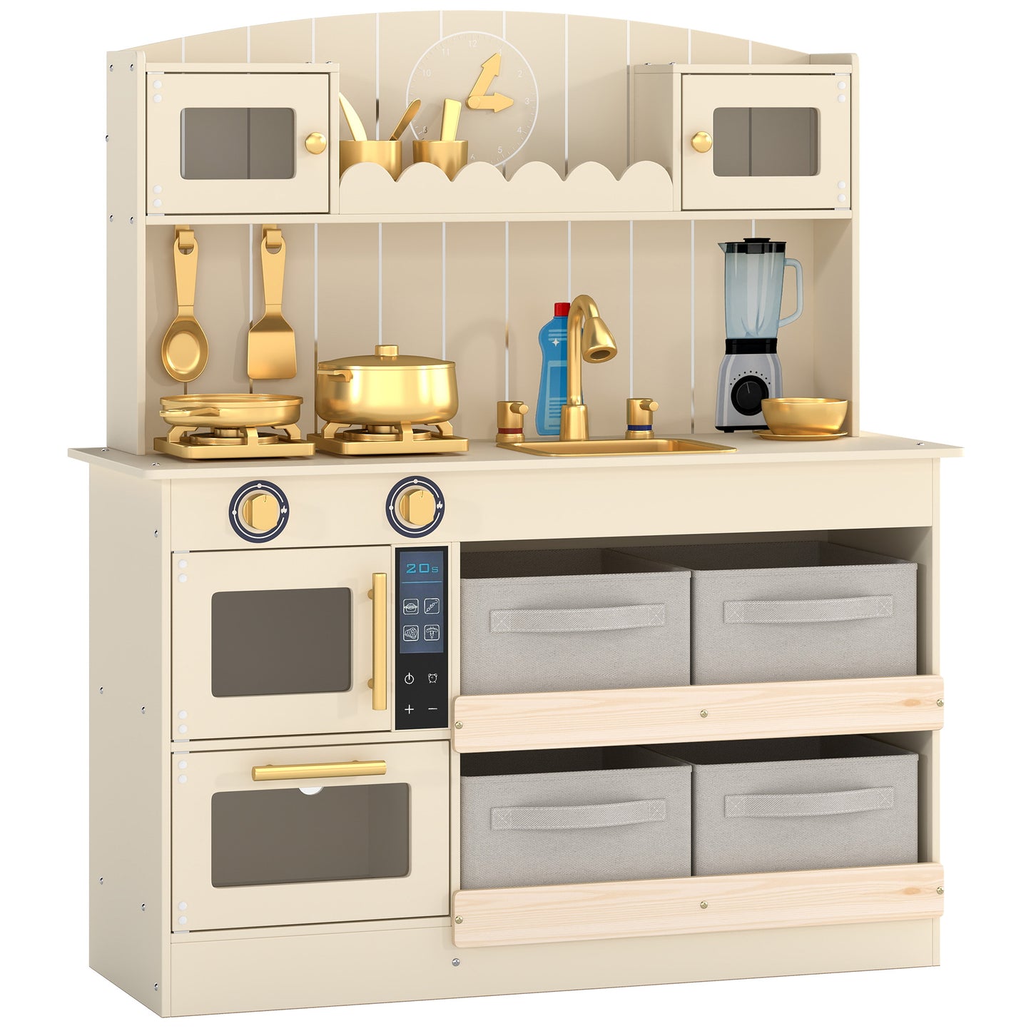 AIYAPLAY Kids Play Kitchen with Lights & Sounds, Pretend Play Toy set with 4 Fabric Drawers, 12-Piece Accessories for 3-6 Years