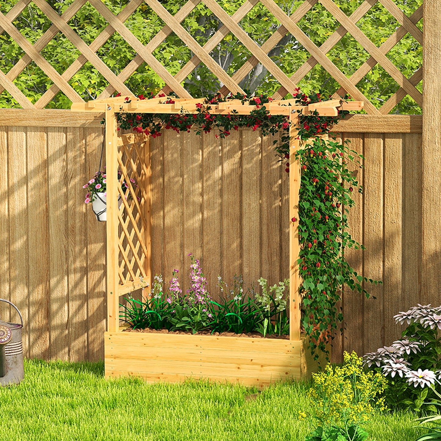 Outsunny Wooden Trellis Planter Box with Roof, Natural 110cm