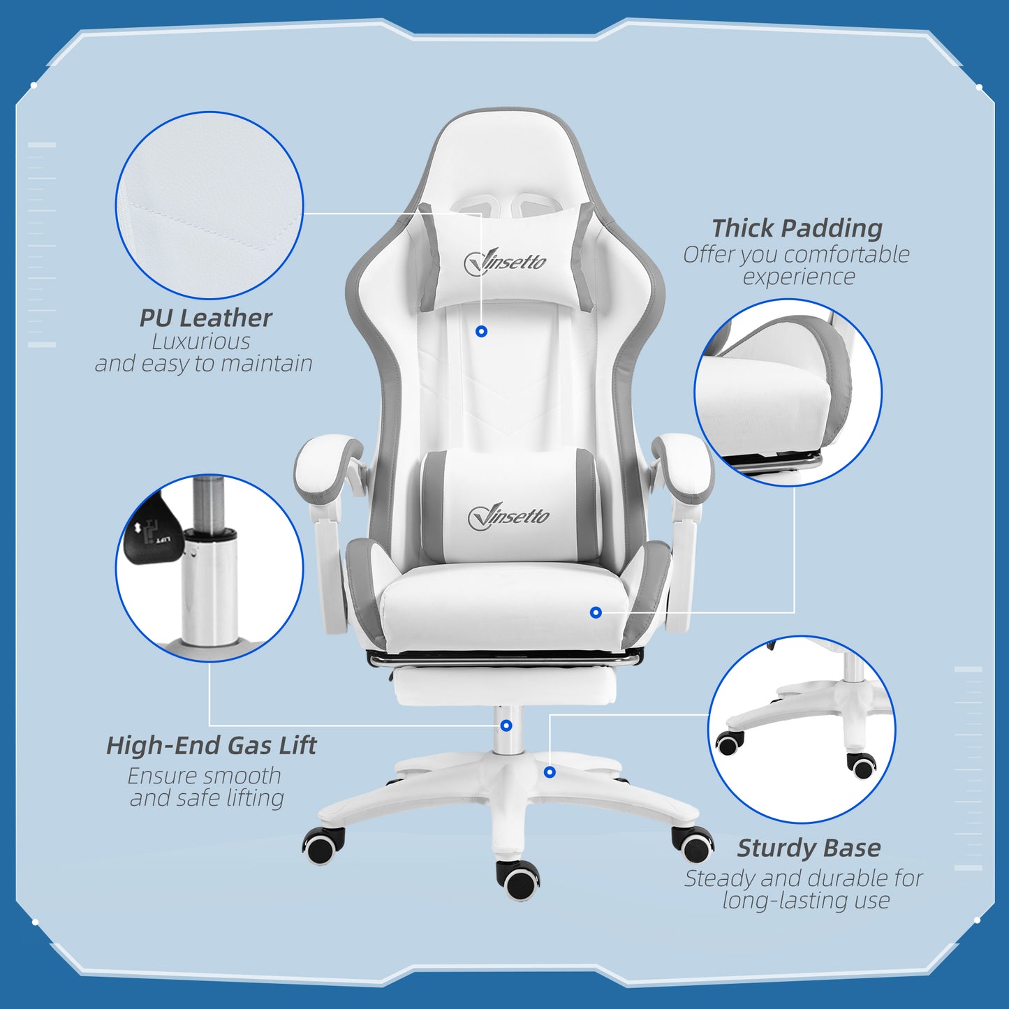 Vinsetto Racing Gaming Chair, Reclining PU Leather Computer Chair with 360 Degree Swivel Seat, Footrest, Removable Headrest and Lumber Support, White and Grey