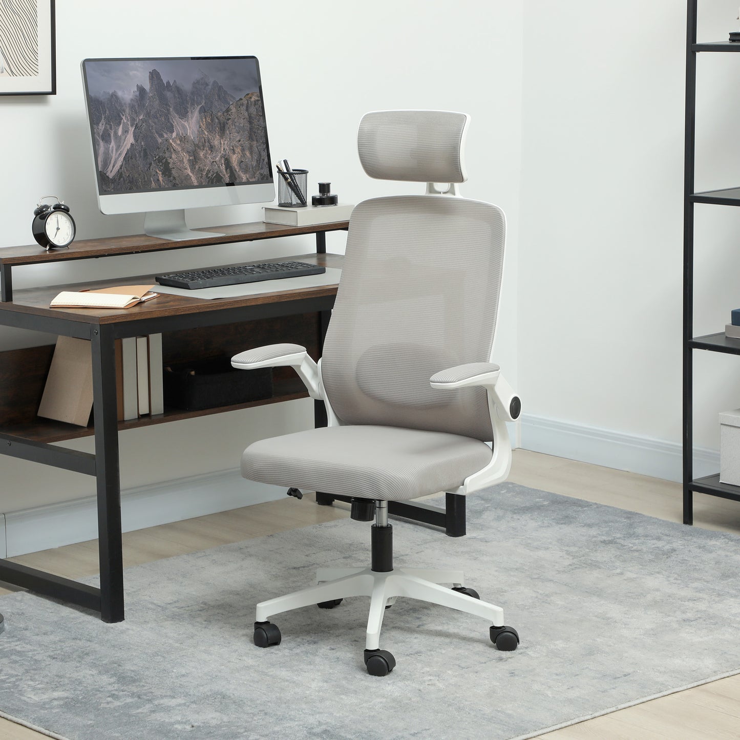HOMCOM Executive Office Chair, Ergonomic Mesh, Flip-up Armrest, Adjustable Lumbar, Swivel, Grey