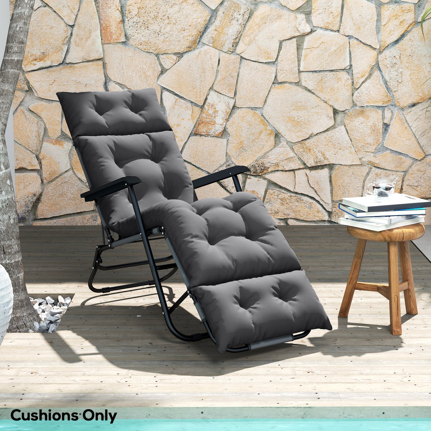 Outsunny Sun Lounger Cushion, 190x56x10cm, UPF20+ 220gsm Fabric, 6 Ties, Dark Grey