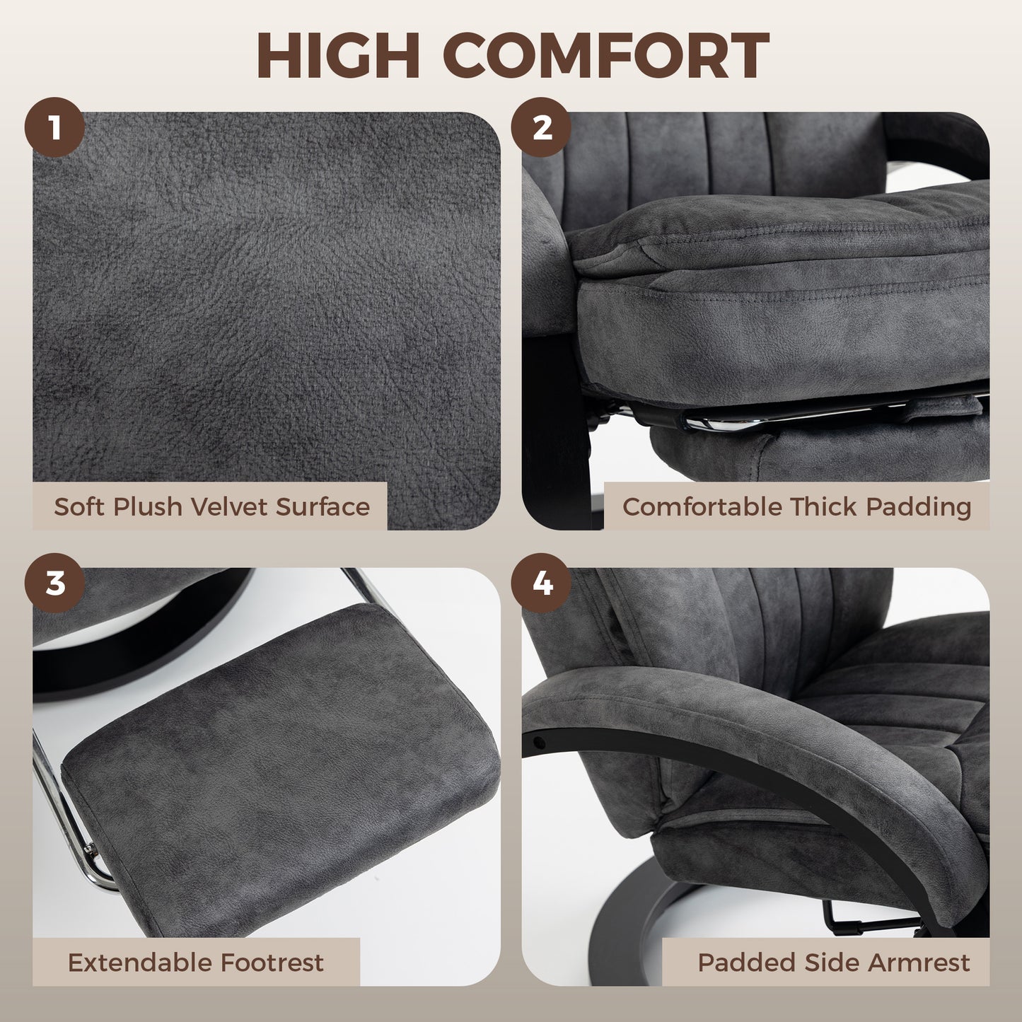 HOMCOM Swivel Recliner Chair, Velvet Recliner Armchair with Retractable Footrest, Dual-Layer Cushion, High Back, Dark Grey