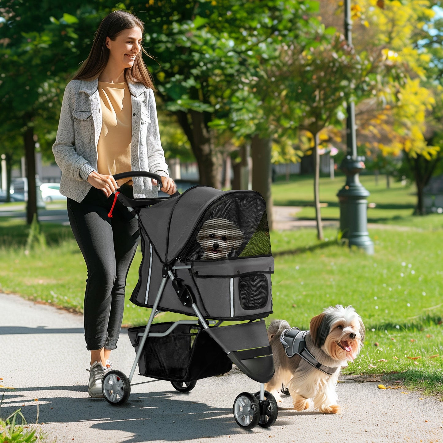 PawHut 3 Wheel Pet Stroller for Small and Miniature Dogs, Charcoal Grey