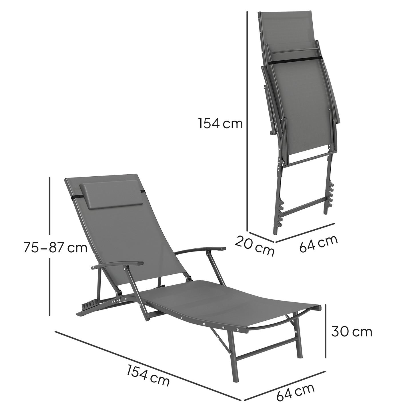 Outsunny Set of 2 Folding Sun Loungers, 4-Position Adjustable Outdoor Chairs with Armrests, Pillows, Grey