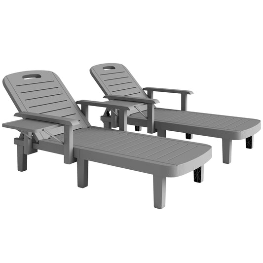 Outsunny Set of 2 Resin Reclining Sun Loungers, 5 Positions Adjustable Chaise Lounge with Armrests, Foldable Side Table, Dark Grey
