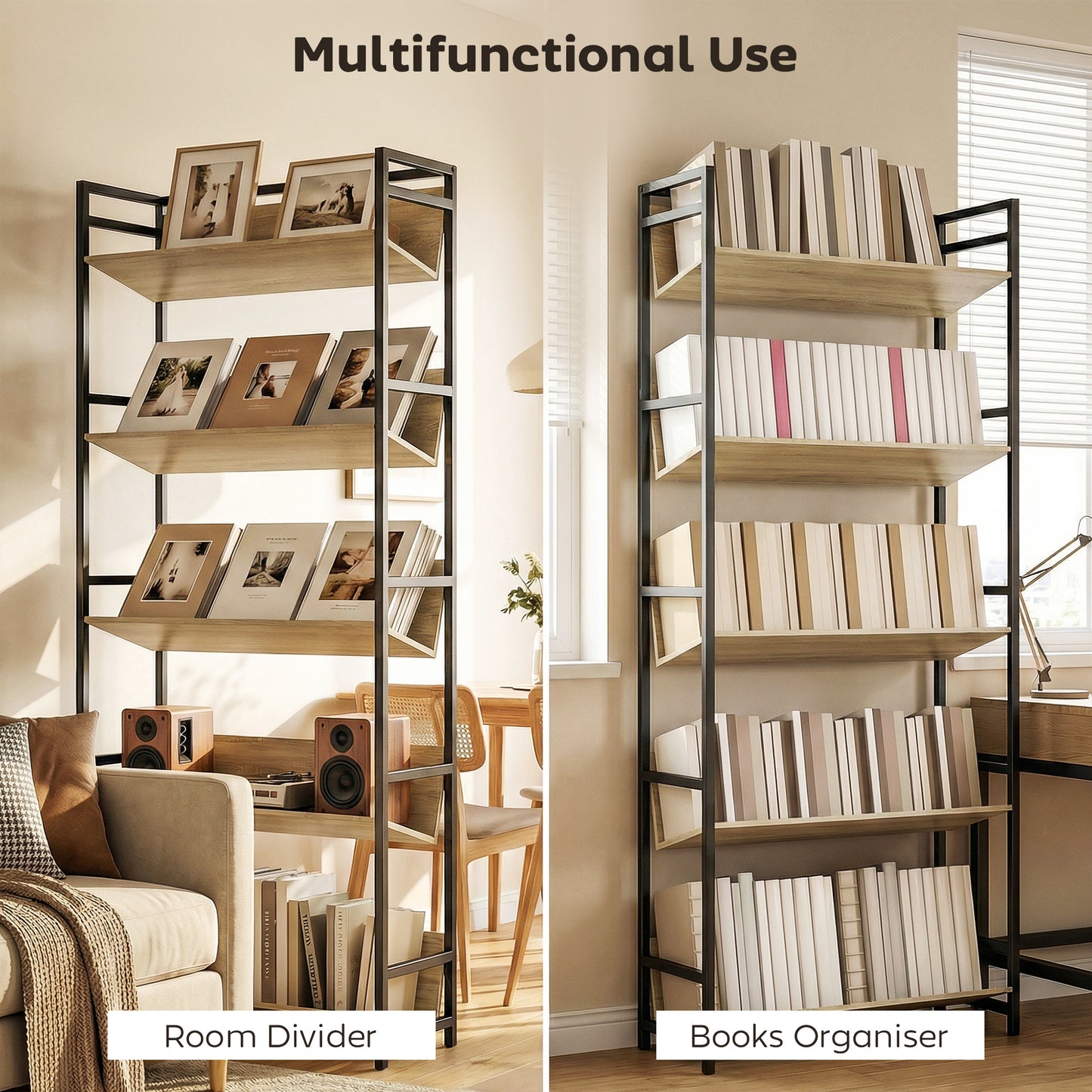 HOMCOM Bookshelf 5-Tier Metal Frame Bookcase Storage Shelves for Living Room Oak