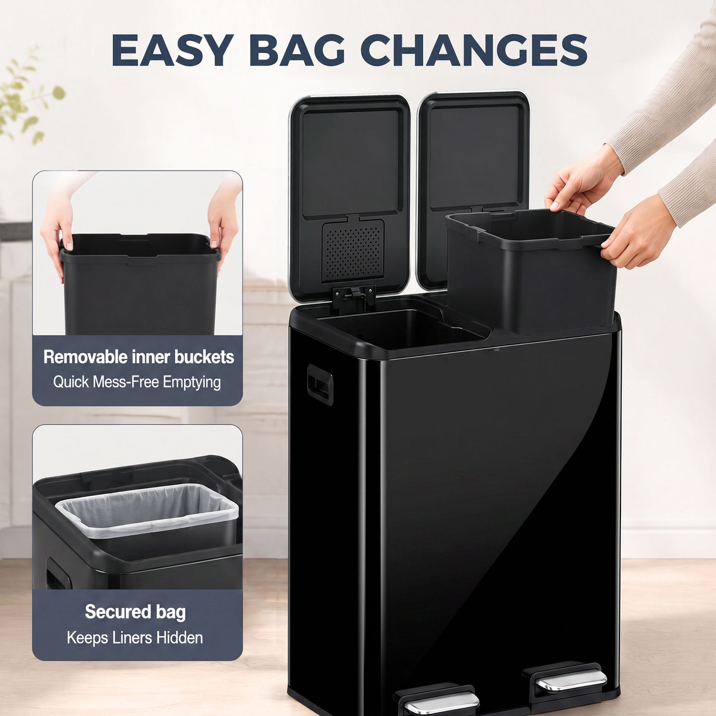 HOMCOM 2 x 30L Double Kitchen Bin, Stainless Steel Pedal Rubbish Bin with Dual Compartments, Soft Close Lids, High Gloss Black
