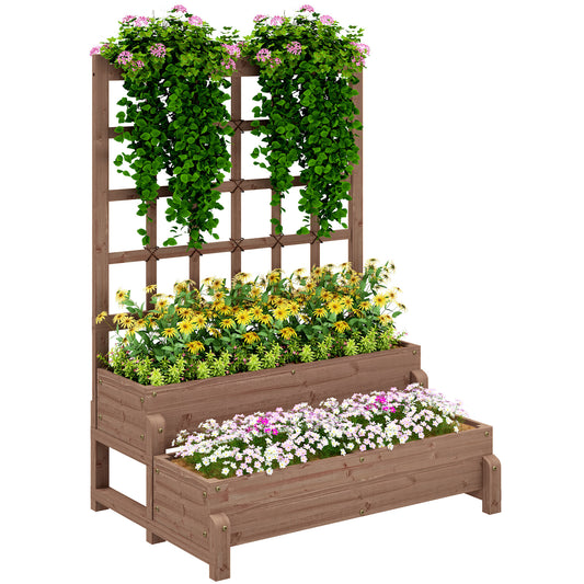 Outsunny 2-Tier Raised Garden Bed with Trellis, Wooden Elevated Planter Box with Drainage for Plants, Fruits, Vegetables, Flowers, Brown