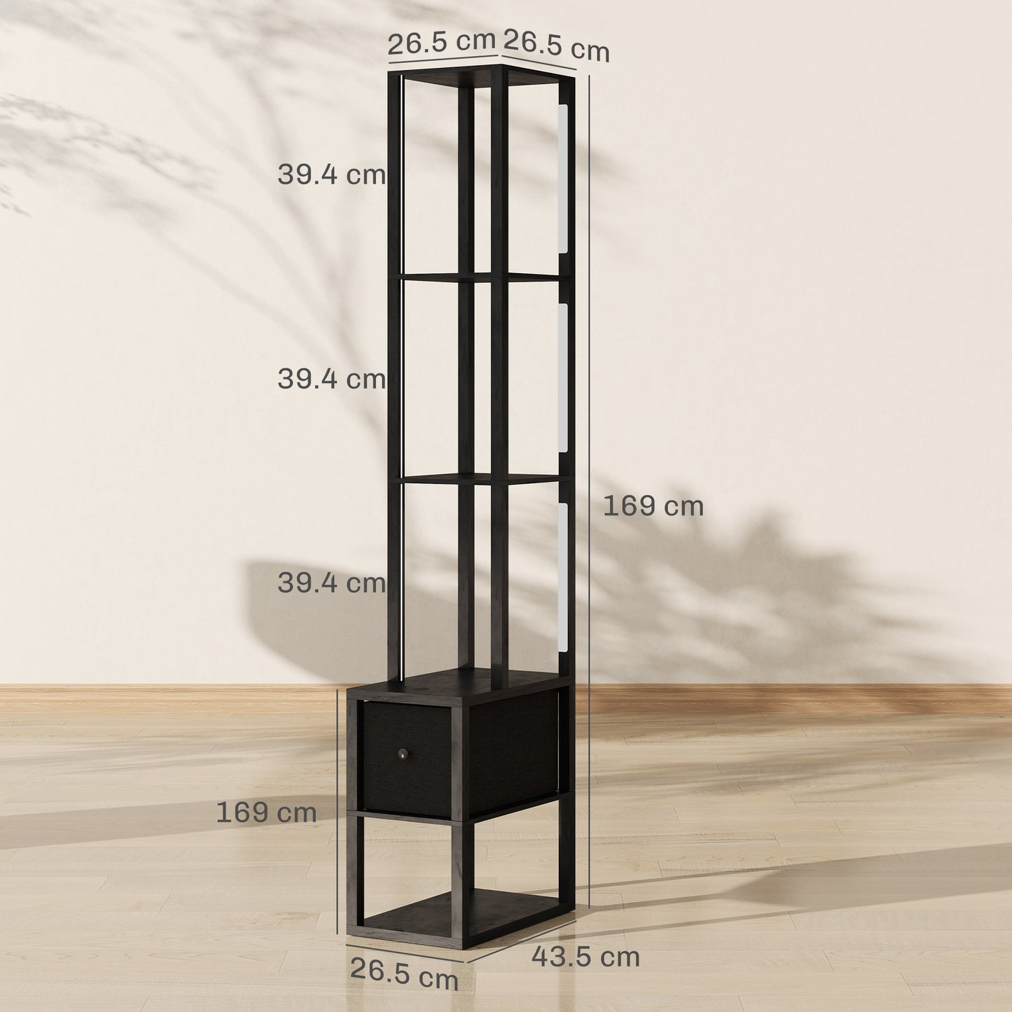 HOMCOM Floor Lamp with Shelves, LED Modern Standing Lamp, Fabric Drawer, Adjustable Brightness, Foot Switch for Living Room, Bedroom, Office, Black