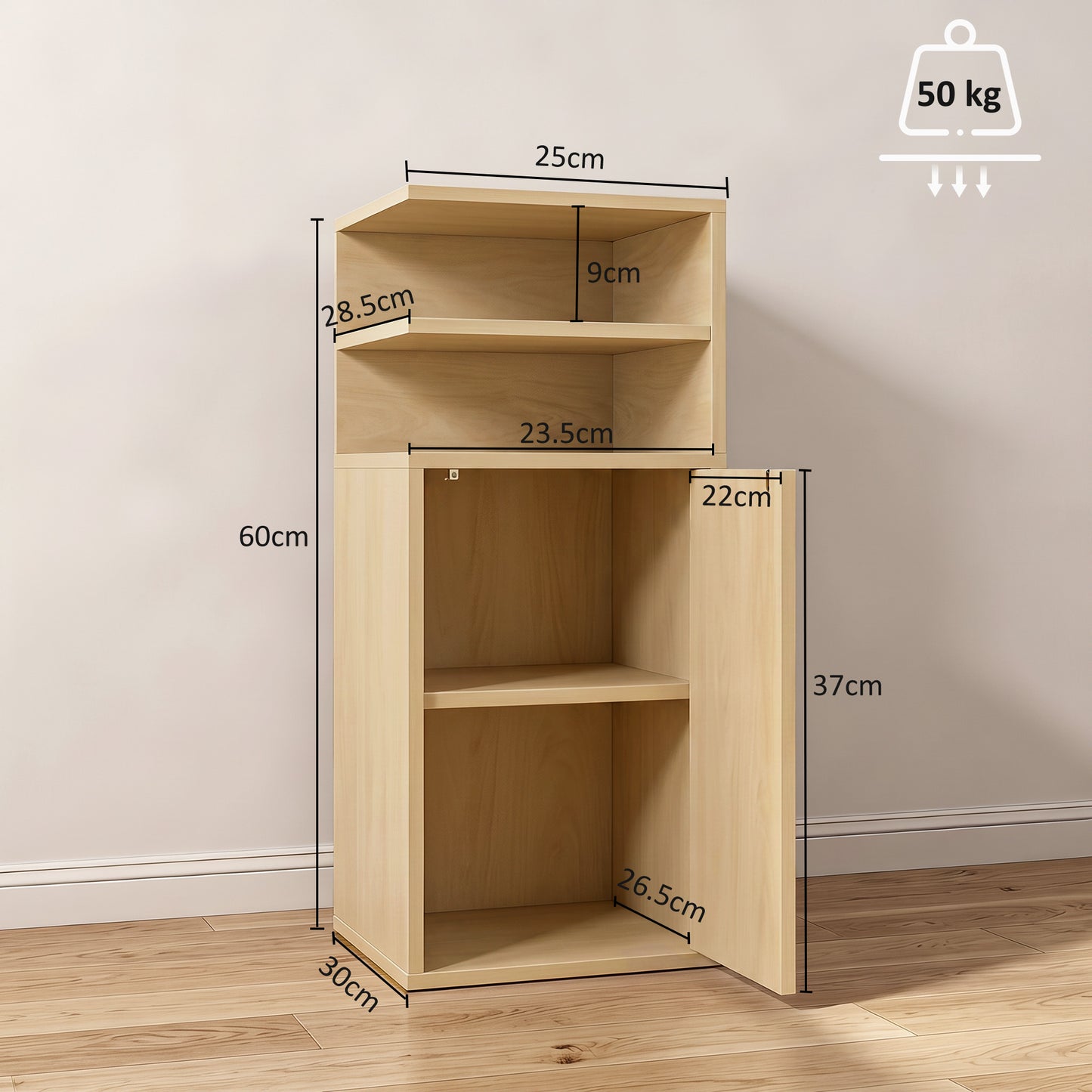 HOMCOM Slim Bedside Table Set of 2, Narrow Bedside Cabinet with Open Cubbies and Cupboard for Bedroom Living Room, Oak