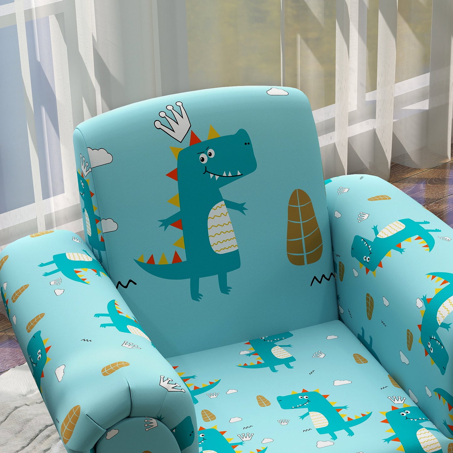 AIYAPLAY 2 Piece Kids Sofa Set with Dinosaur Design, Wooden Frame, for 1.5-3 Years Old - Blue