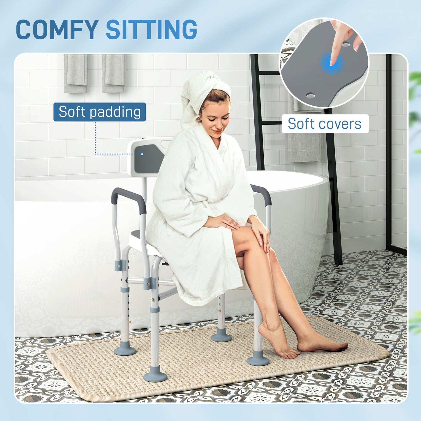 HOMCOM Shower Chair, Upgraded U-shaped Seat, Height Adjustable, Non-slip Feet, Tool-Free, Grey