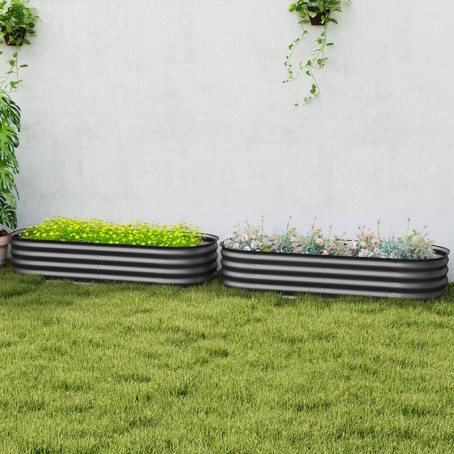 Outsunny Galvanised Raised Garden Bed, Metal Planter Box with Safety Edging, for Flowers, Herbs, Succulents, Pack of 2, Dark Grey