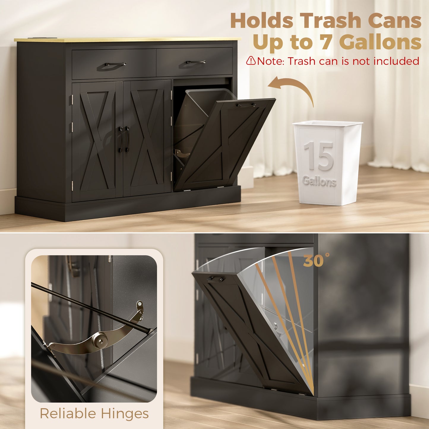 HOMCOM Tilt Out Trash Cabinet with Charging Station, Kitchen Island with Storage, 57 Liter Hidden Rubbish Bin Storage, Black