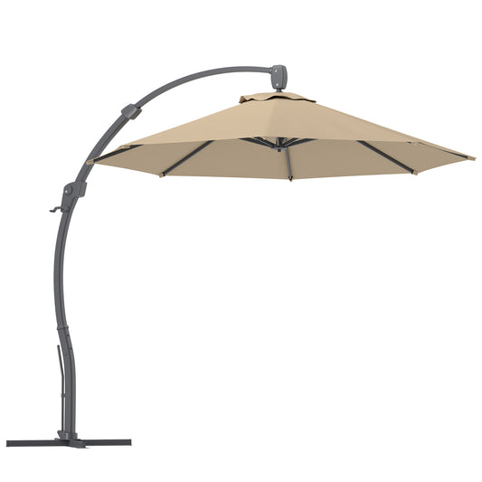 Outsunny Garden Cantilever Parasol, Round Umbrella, Crank Handle, Cross Base, 360° Rotation, Aluminium Frame, Banana Patio Sun Shade, Khaki