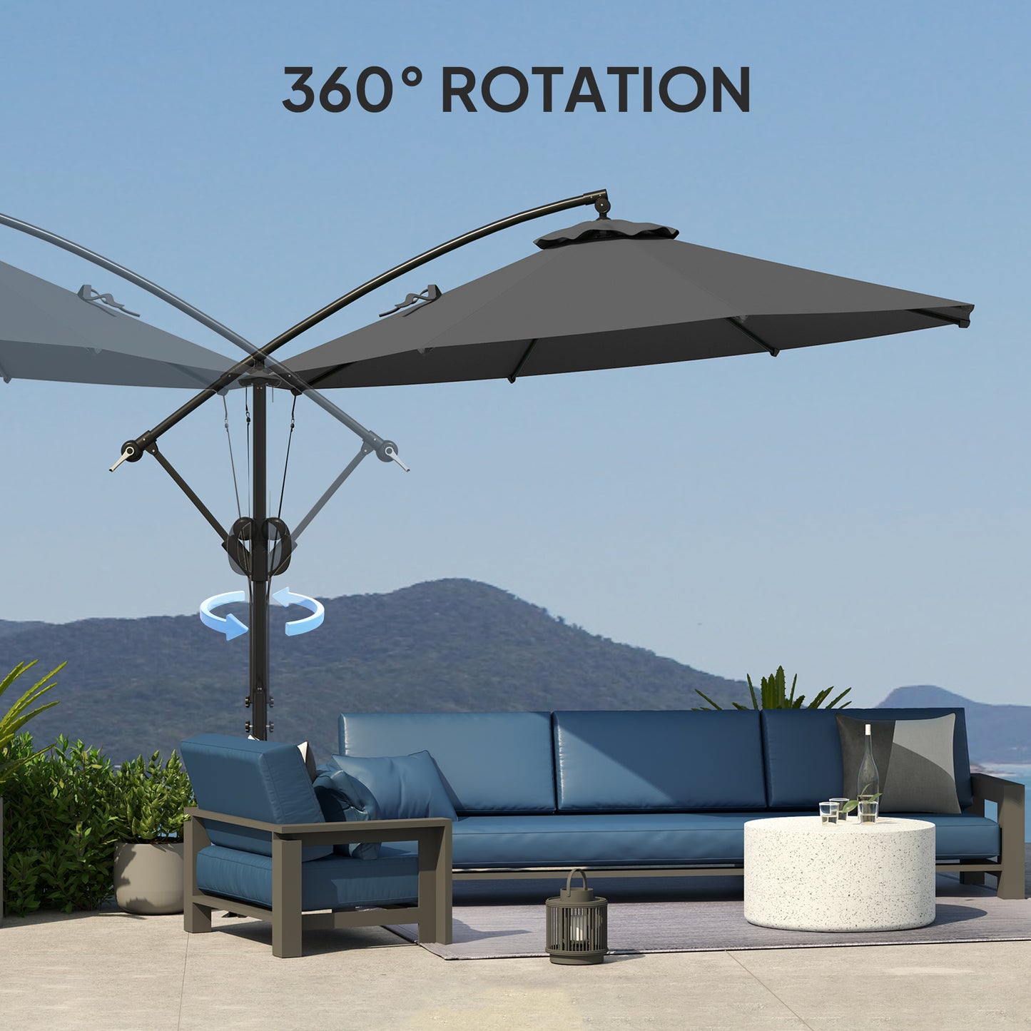 Outsunny Garden Cantilever Parasol with Cover, Wind Protection Strap, Crank Handle, Tilt, UPF50+, Outdoor Sun Shade, 3m, Grey