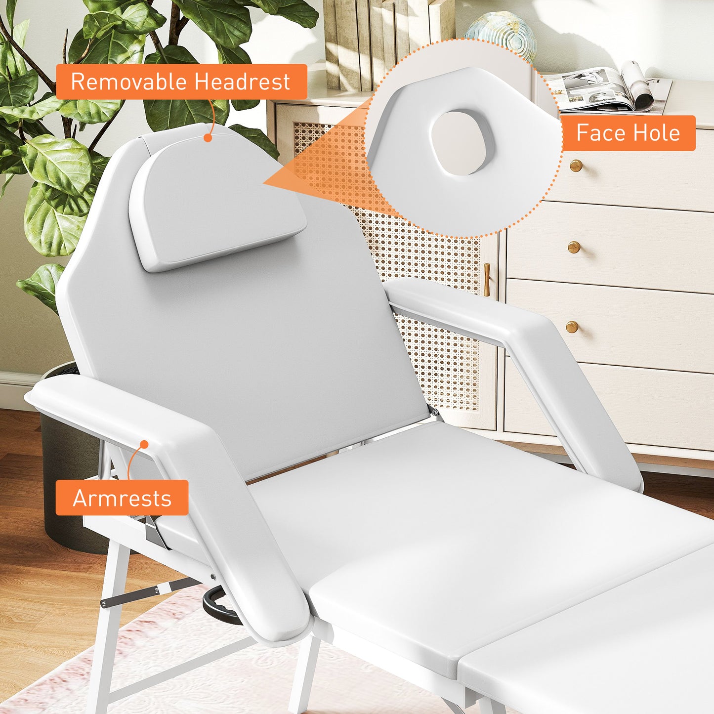 HOMCOM Portable 3-Section Foldable Massage Table, Adjustable Beauty Bed with Face Hole, Removable Headrest & Armrests for Spa, Lash, Tattoo, White