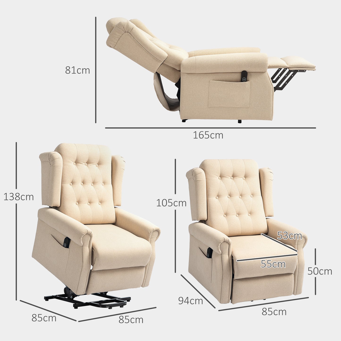 HOMCOM Power Lift Recliner Chair, Wingback Tufted Electric Lift Armchair, Beige