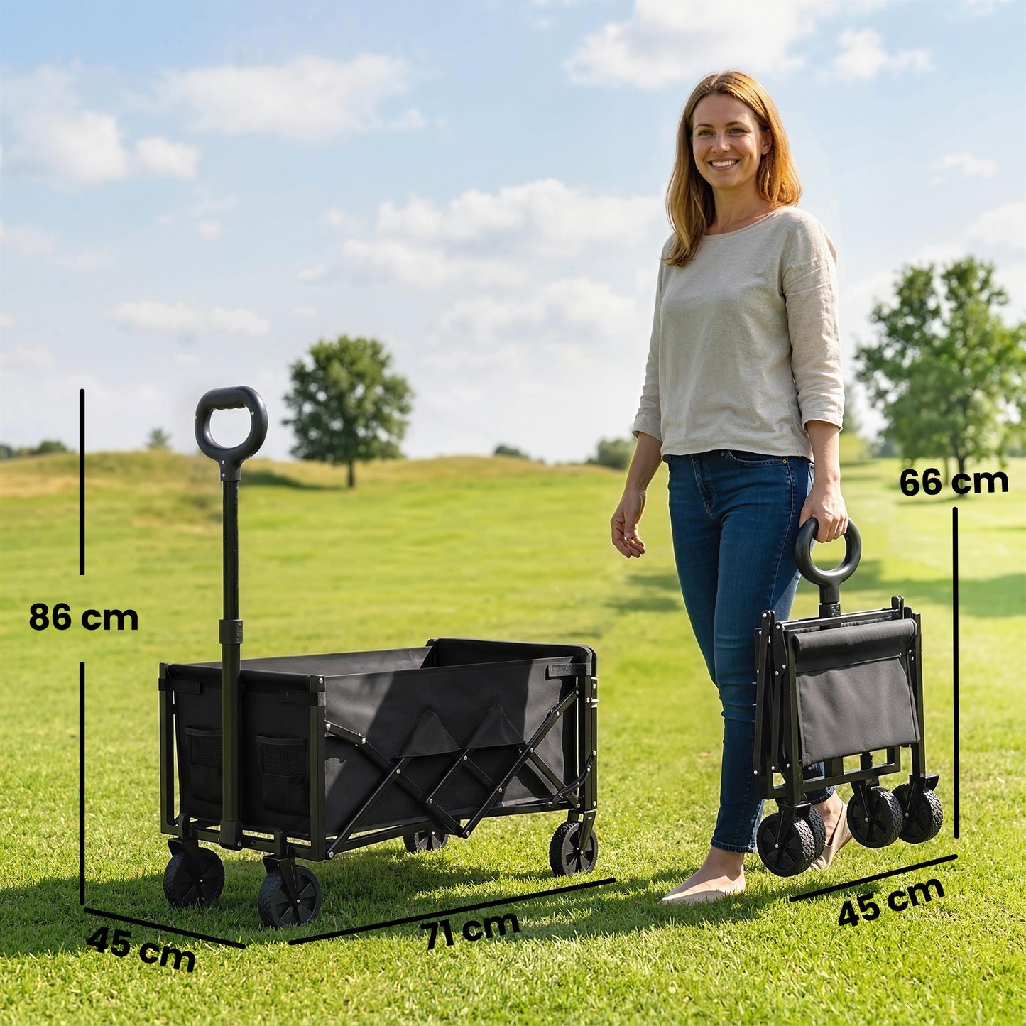 Outsunny 80L Foldable Festival Trolley on Wheels, Collapsible Wagon Cart with Drop-Down Tailgate, Adjustable Handle, Black