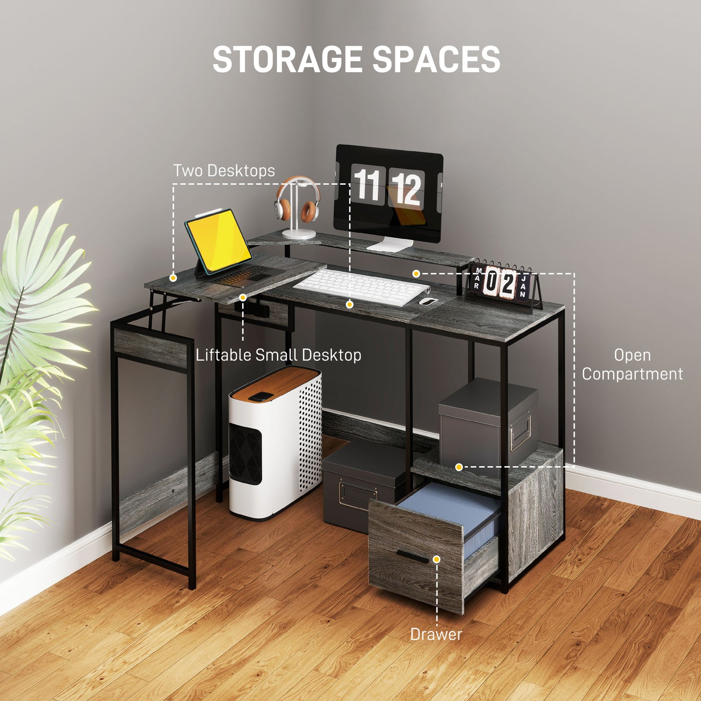 HOMCOM L Shaped Desk, Computer Desk with Liftable Desktop, Charcoal Grey