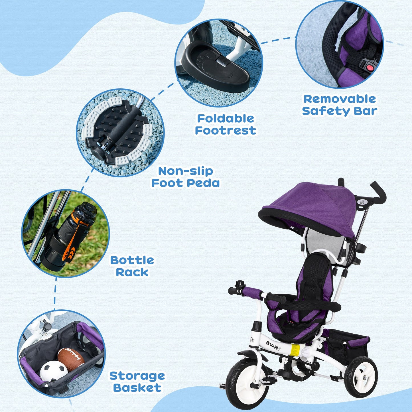 HOMCOM 4 in 1 Kids Trike Push Bike Purple
