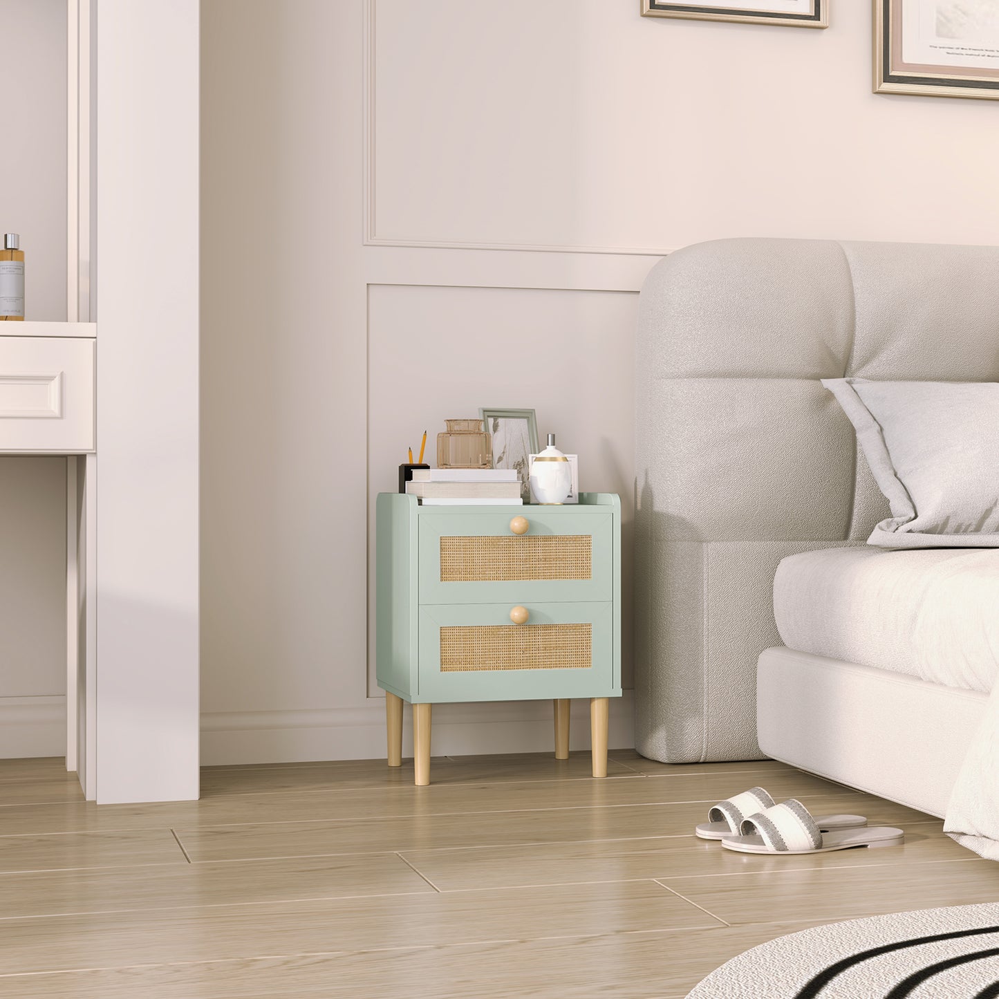 HOMCOM Bedroom Chest of Drawers, Boho Rattan Dresser with 2 Drawers, Storage Cabinet for Living Room, Hallway, Entryway, Light Blue