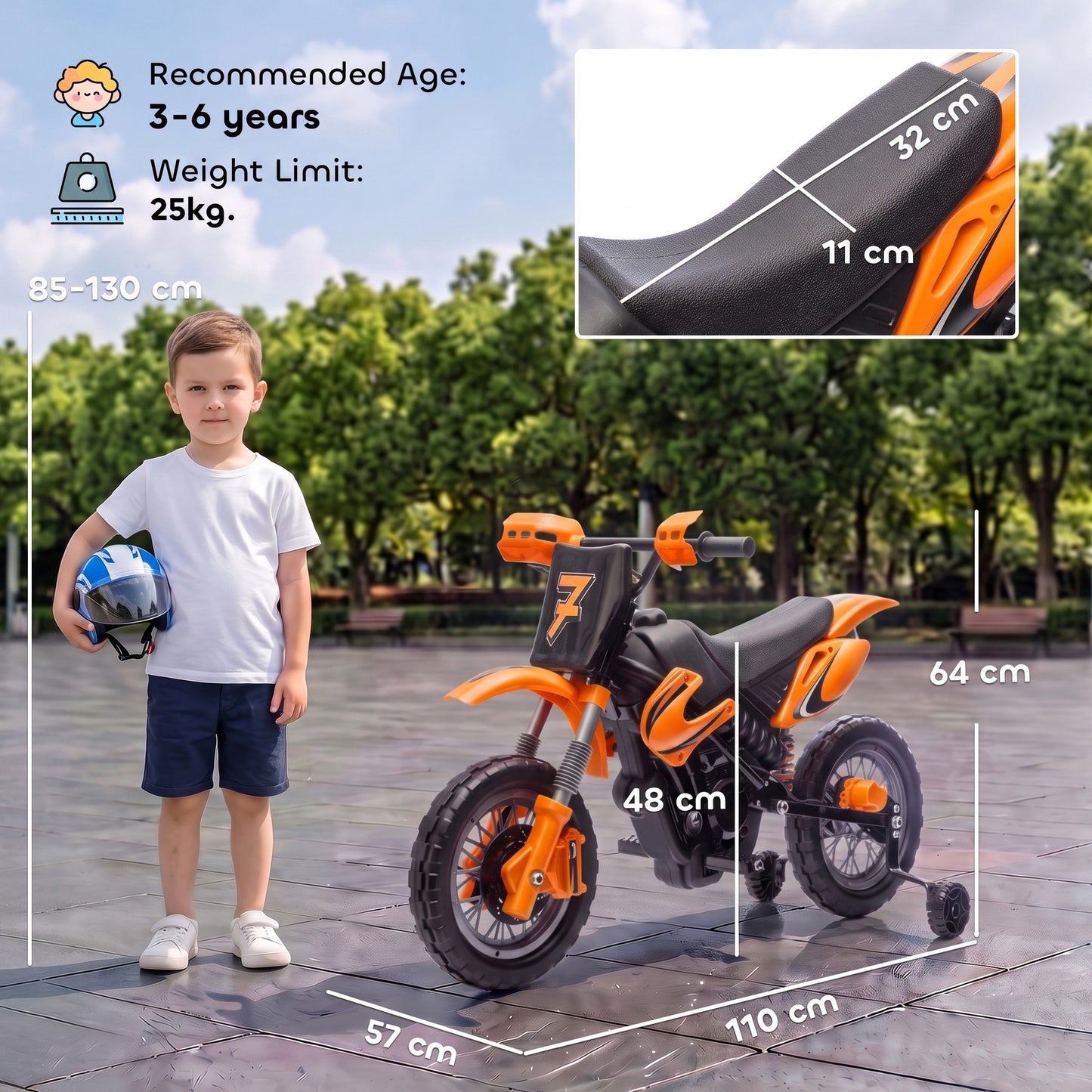 AIYAPLAY 12V Kids Electric Motorbike, Ride on Motorcycle with Dual Motors, Training Wheels, Rear Suspension for 3-6 Years, Orange