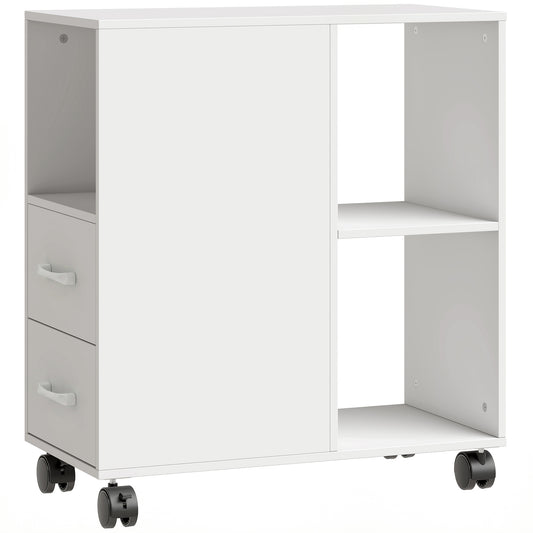 HOMCOM Narrow Mobile Printer Table with Wheels, Rolling Printer Stand with Drawers for Home Office, 30 x 60 x 65 cm, White