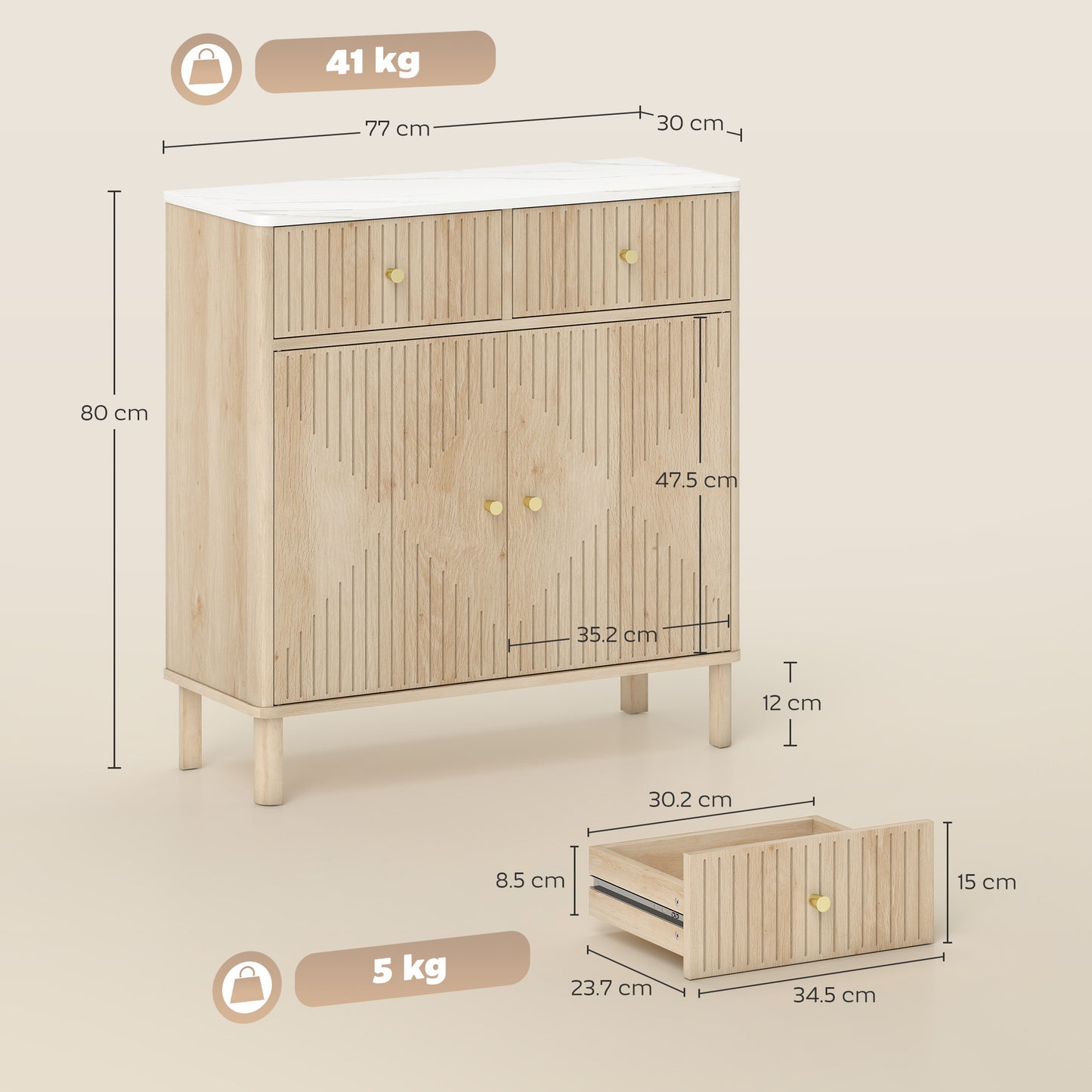HOMCOM Sideboard Storage Cabinet, Fluted Kitchen Cupboard with Marble-Effect Top, 2 Drawers, 2 Doors and Adjustable Shelf, Oak