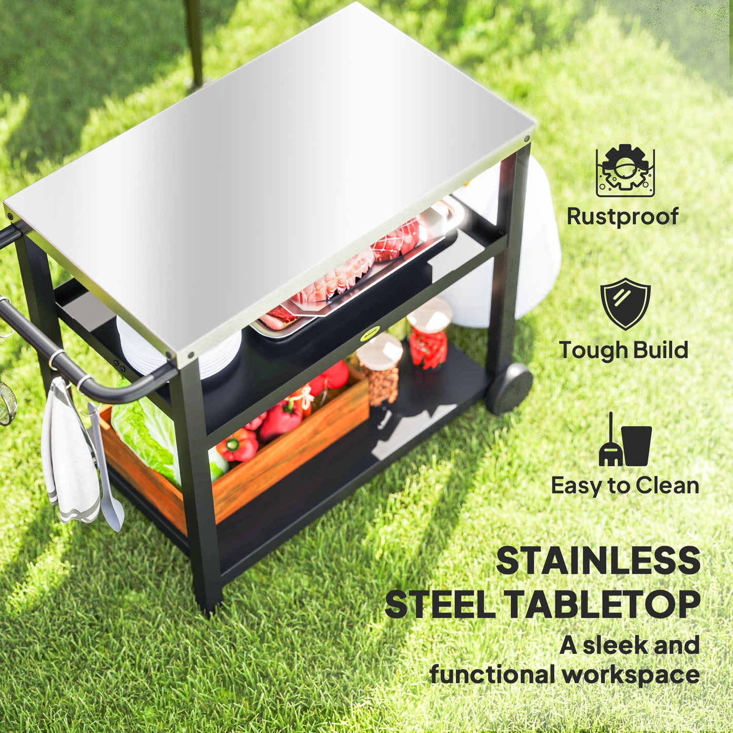 Outsunny Outdoor Grill Dining Cart, 3-Shelf Pizza Oven Table with Stainless Steel Top, Portable BBQ Trolley with Wheels, Charcoal Grey