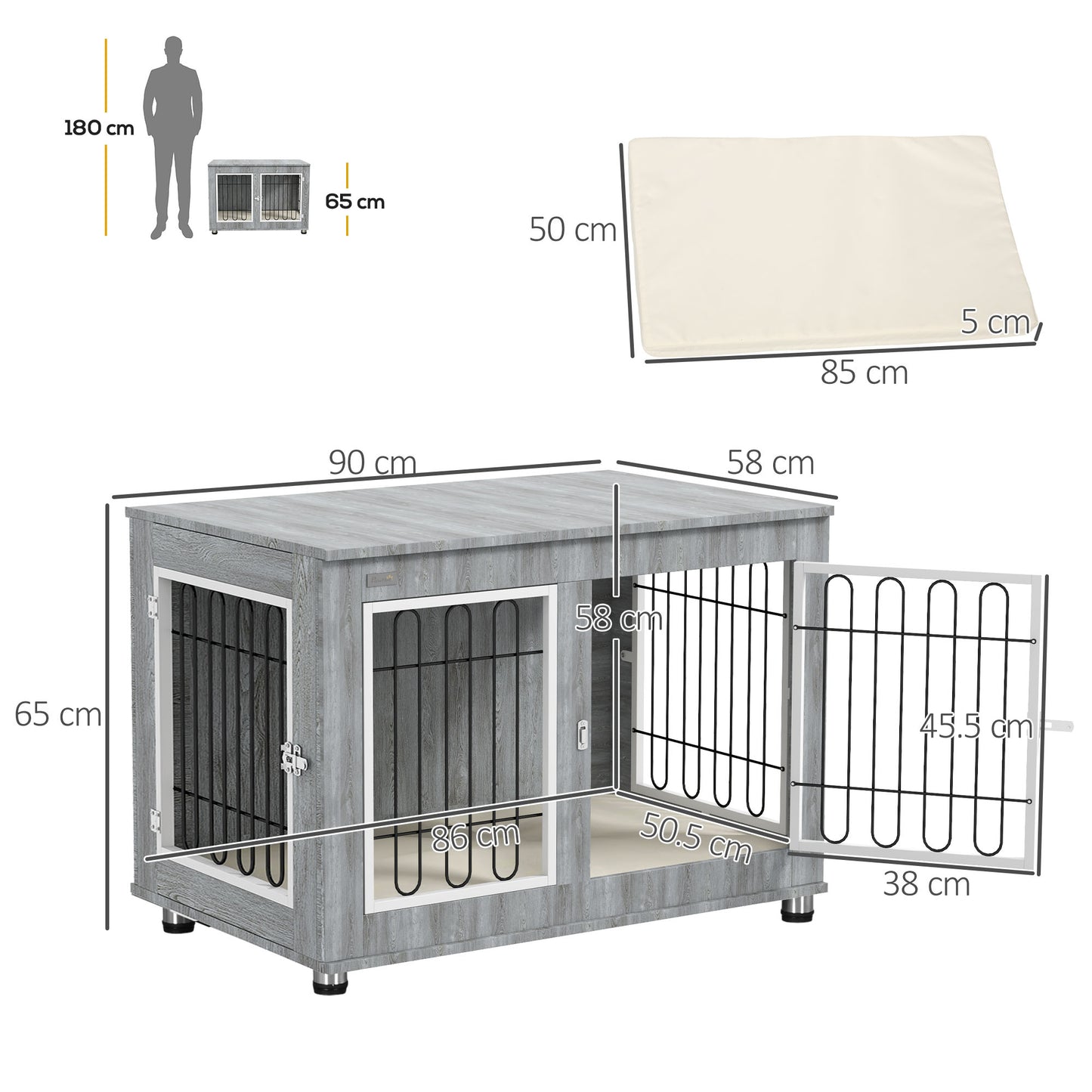 PawHut Dog Crate Furniture End Table, with Washable Cushion, Double Doors, for Medium/Large Dogs, Grey