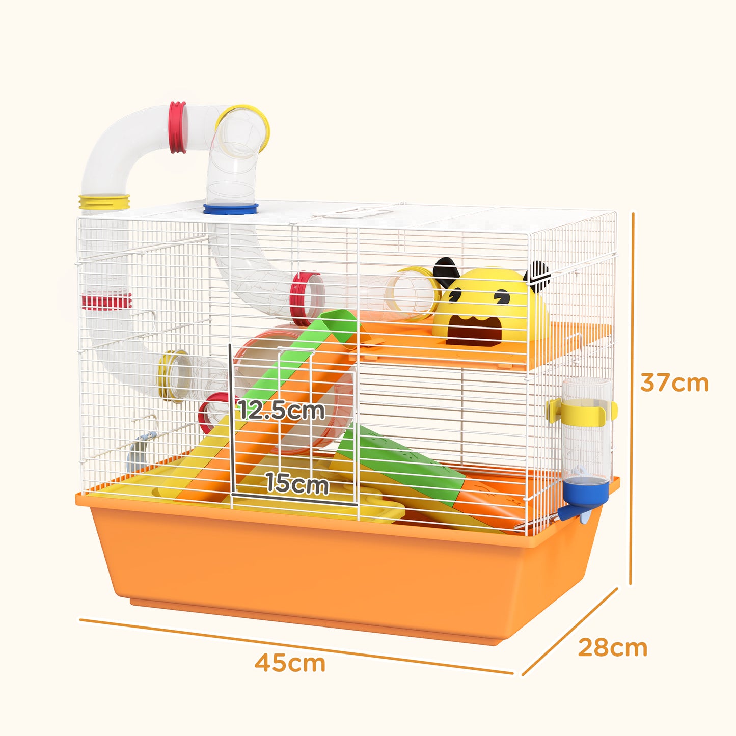 PawHut 3 Tiers Gerbil Cage Hamster Cage with Tubes Exercise Wheel Ladder Top Handle 45 x 28 x 37cm - Orange