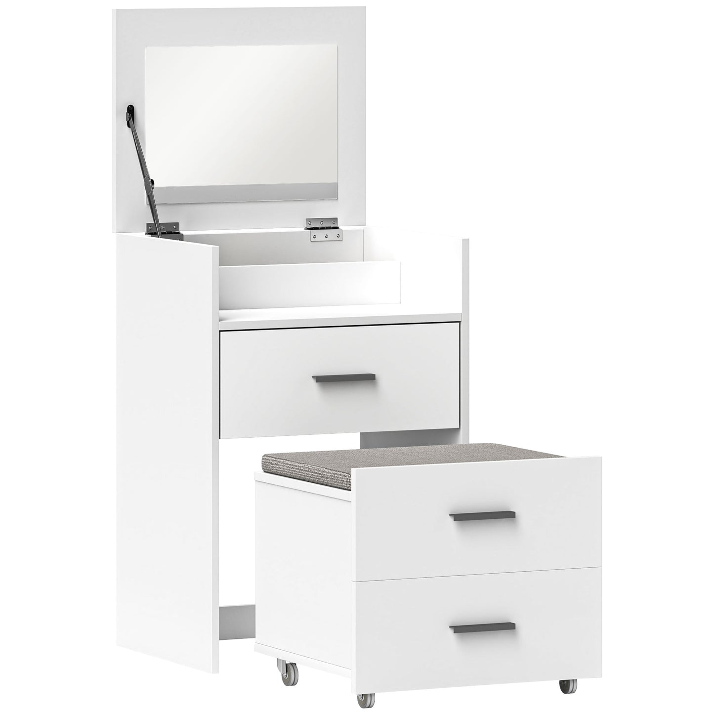 HOMCOM Vanity Desk with Mirror, Modern Dressing Table and Stool w/2 Drawers, Wheels, Flip-Up Mirror, Shelf, White