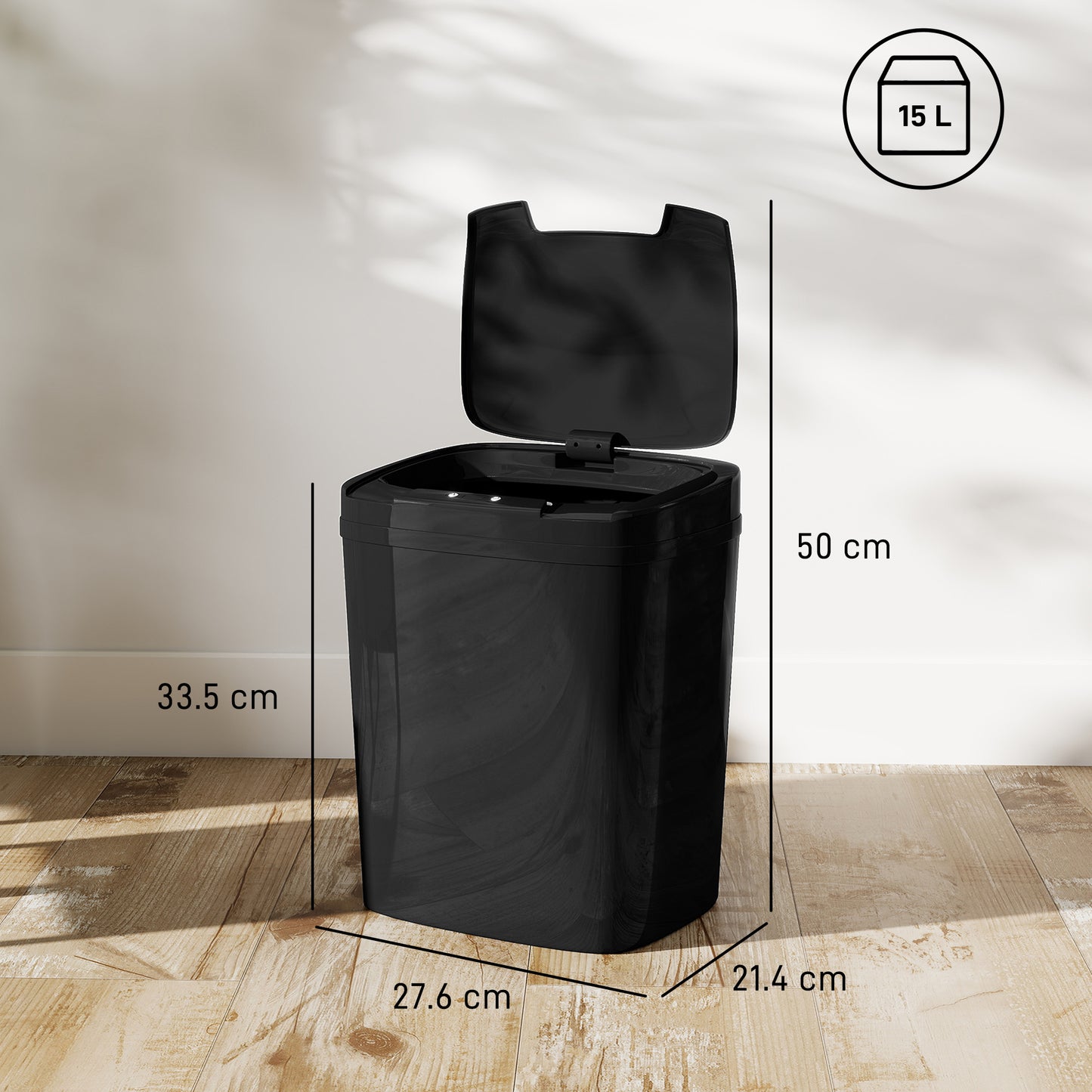 HOMCOM 15L Sensor Bin, Automatic Touchless Kitchen Bin, Easy Clean, Battery Operated for Home Office, Bedroom, Bathroom, Black