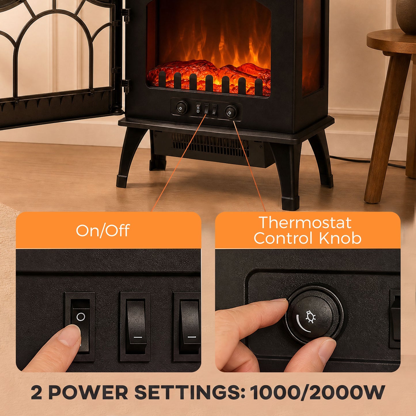 HOMCOM 3-Sided Glass Electric Fire Fan Heater, Electric Fireplace Stove Freestanding Log Burner with Flame Effect, Black