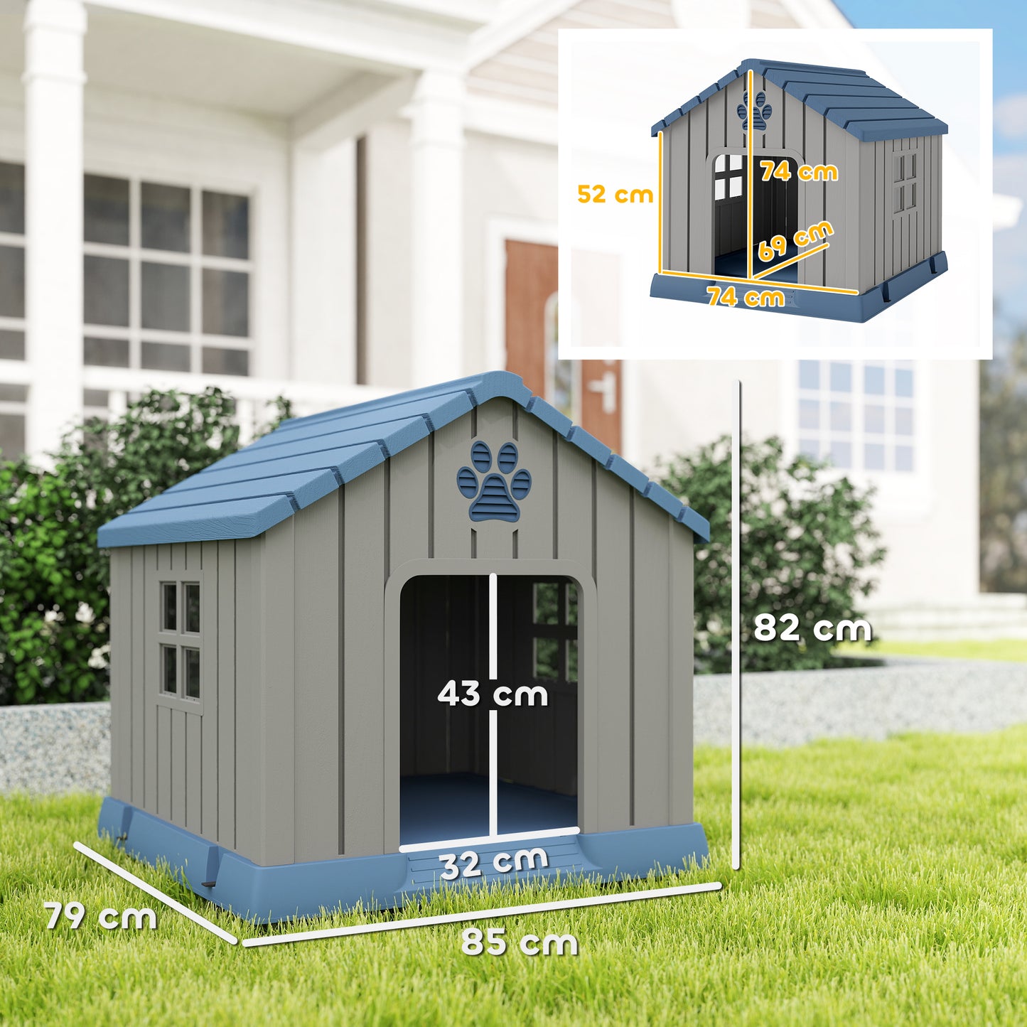 PawHut Dog Kennel Outdoor for Medium Dogs, Waterproof Plastic Dog House for Garden, Patio, 85 x 79 x 82 cm, Grey