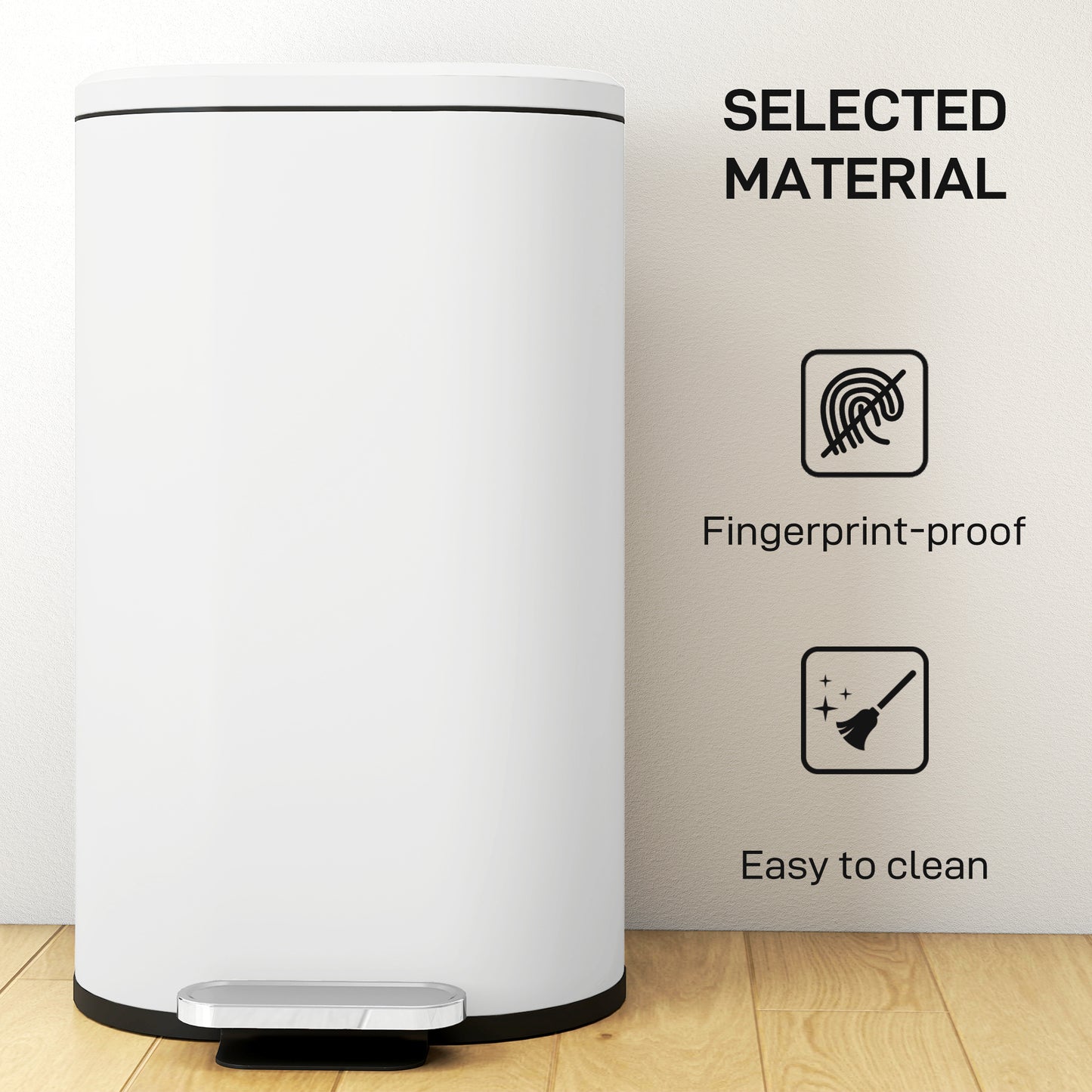 HOMCOM 30L Kitchen Bin, Slim Rectangular Pedal with 90° Stay-Open and Soft-Close Lid, Removable Inner Bucket, Fingerprint-Resistant, Cream.