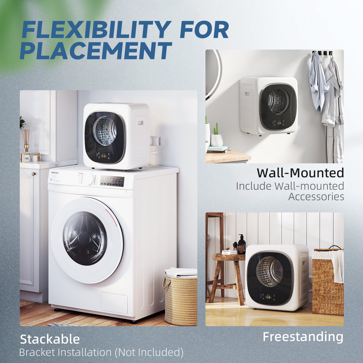 HOMCOM 4kg Vented Tumble Dryer, 800W Freestanding with 5 Modes, Smart Sensor, Timer, Stainless Steel Tub, Wall-Mount Option, White
