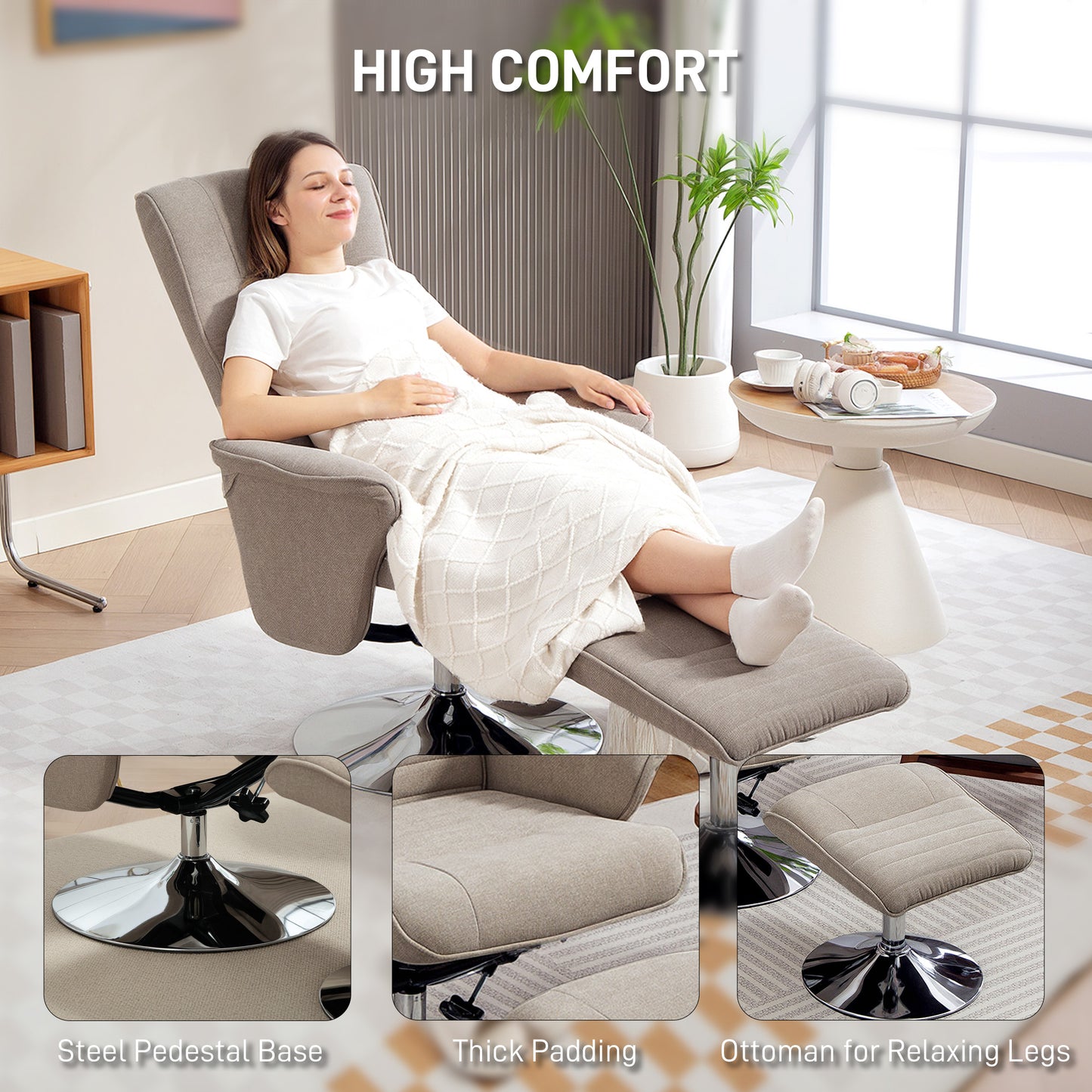 HOMCOM Swivel Recliner Chair with Footstool, Velvet Upholstered Armchair with Ottoman, Steel Base for Living Room, Bedroom, Office, Beige